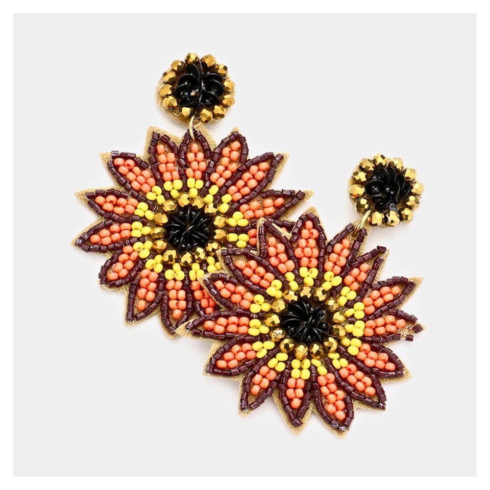 Stunning Sunflower Seed Glass Sparkle Beaded Flower Summer Artisan Earrings NEW